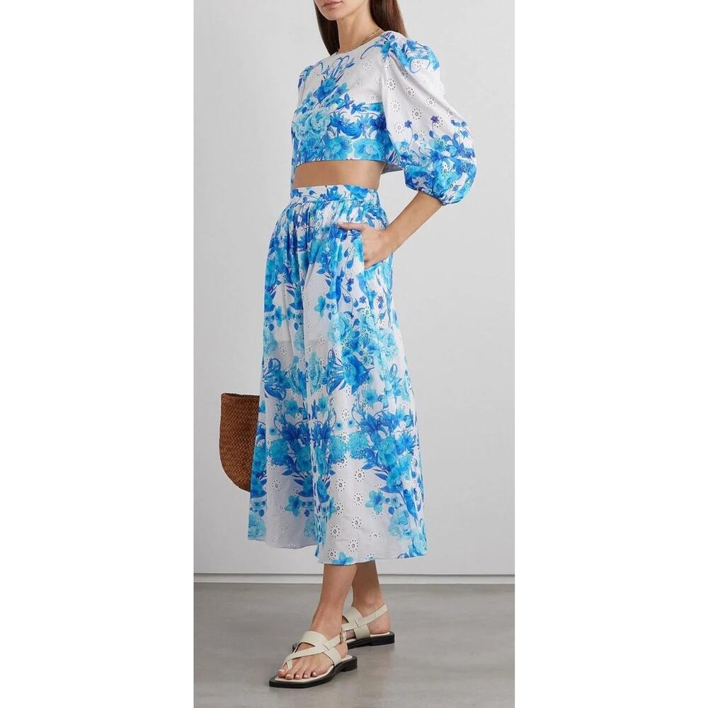 BORGO DE NOR Blue White Rhea Floral Print Broderie Anglaise Cotton Midi Skirt XS